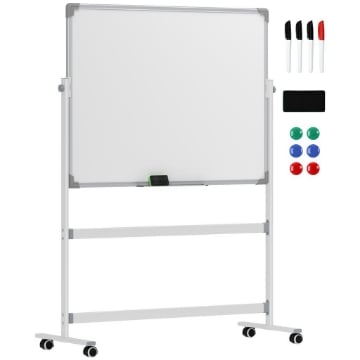 LAVAGNA MAGNETICA BIANCA A 2 FACCE CON ACCESSORI E 4 RUOTE IN ALLUMINIO E ACCIAIO 127X50X165 CM