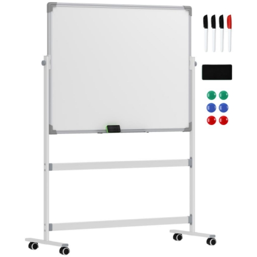 LAVAGNA MAGNETICA BIANCA A 2 FACCE CON ACCESSORI E 4 RUOTE IN ALLUMINIO E ACCIAIO 127X50X165 CM