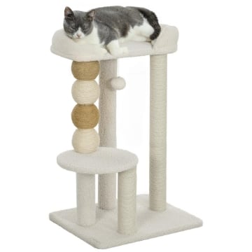 TORRE PER GATTI CON LETTINO PIATTAFORMA E PALLINA GIOCATTOLO IN LEGNO PELUCHE E IUTA 48.5X40X76 CM BEIGE
