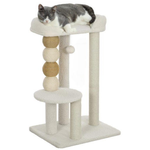 TORRE PER GATTI CON LETTINO PIATTAFORMA E PALLINA GIOCATTOLO IN LEGNO PELUCHE E IUTA 48.5X40X76 CM BEIGE