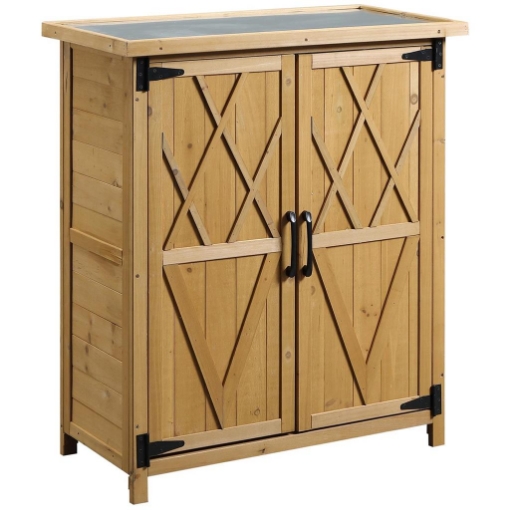 ARMADIO DA GIARDINO PORTA ATTREZZI IN LEGNO CON 2 ANTE E 4 SCAFFALI PIANO IN LAMIERA 75X40X90 CM