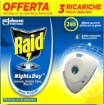 RAID INSETTICIDA ELETTRICO BASE + RICARICA NIGHT&DAY REPELLENTE ZANZARE INODORE A SABBIA COMPRESSA CONFEZIONE DA 3 RICARICHE OKX