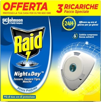 RAID INSETTICIDA ELETTRICO BASE + RICARICA NIGHT&DAY REPELLENTE ZANZARE INODORE A SABBIA COMPRESSA CONFEZIONE DA 3 RICARICHE OKX