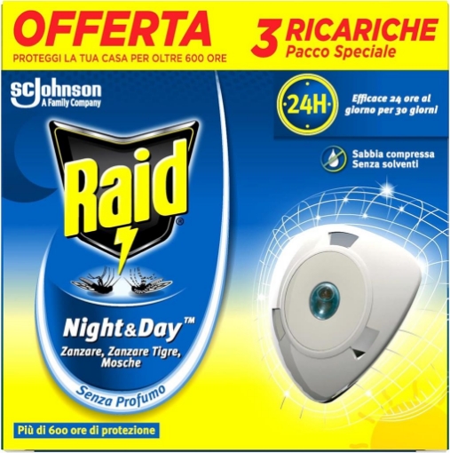 RAID INSETTICIDA ELETTRICO BASE + RICARICA NIGHT&DAY REPELLENTE ZANZARE INODORE A SABBIA COMPRESSA CONFEZIONE DA 3 RICARICHE OKX