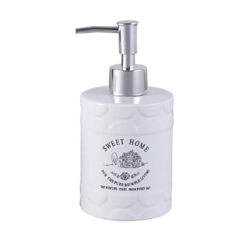 DISPENSER AURA DOSA SAPONE CON RILIEVO SCRITTE E DECORI IN COLORE BIANCO OKX