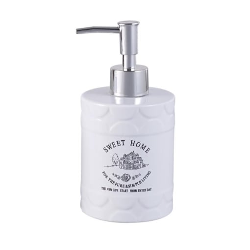DISPENSER AURA DOSA SAPONE CON RILIEVO SCRITTE E DECORI IN COLORE BIANCO OKX