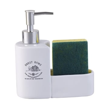 DISPENSER AURA DOSA SAPONE CON SPAZIO PORTA SPUGNA CON SCRITTE E DECORI COLORE BIANCO OKX