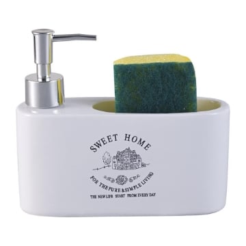 DISPENSER AURA DOSA SAPONE ALTO CON SCRITTE E DECORI CON SPUGNA ADATTO PER LA CUCINA COLORE BIANCO OKX