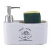 DISPENSER AURA DOSA SAPONE ALTO CON SCRITTE E DECORI CON SPUGNA ADATTO PER LA CUCINA COLORE BIANCO OKX