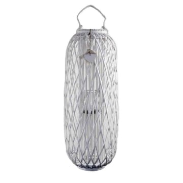 LANTERNA BIANCA PORTA CANDELA INTRECCIATA IN BAMBU E BICCHIERE IN VETRO CON BASE TONDA 20X106H CM