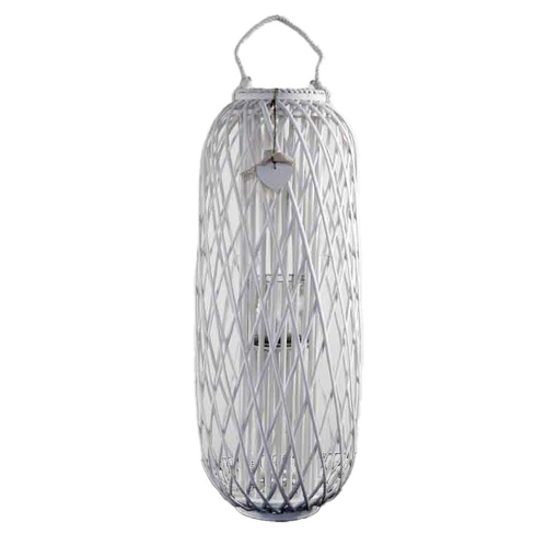LANTERNA BIANCA PORTA CANDELA INTRECCIATA IN BAMBU E BICCHIERE IN VETRO CON BASE TONDA 20X106H CM