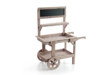 CARRETTO NATURALE ESPOSITORE IN LEGNO PORTA PIANTE CON LAVAGNA 87X47X109 CM USATO COME NUOVO 