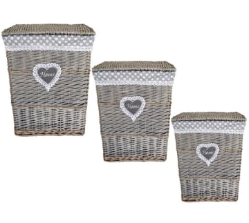 MA MAISON SET DI 3 CESTI PORTBIANCHERIA IN VIMINI CON DECORO A CUORI E SCRITTA HOME MODELLO SHABBY OKX