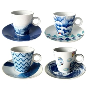 MAURY'S SET DI 4 TAZZE PER THE LINEA ART CON PIATTINO BIANCHE E BLU 80 CC