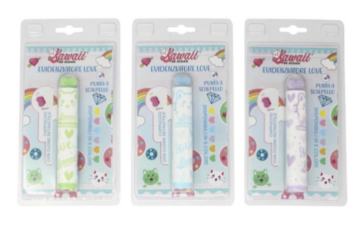 EVIDENZIATORE LOVE KAWAII PUNTA A SCALPELLO CAPPUCCIO CON CUORE RETRAIBILE COLORAZIONE ASSORTITA OKX