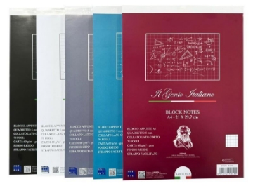BLOC NOTES A4 IL GENIO ITALIANO QUADRETTO 5 MM 70 FOGLI FONDO RIGIDO STRAPPO FACILITATO IN COLORAZIONE ASSORTITA OKX
