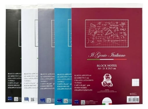 BLOC NOTES A4 IL GENIO ITALIANO QUADRETTO 5 MM 70 FOGLI FONDO RIGIDO STRAPPO FACILITATO IN COLORAZIONE ASSORTITA OKX