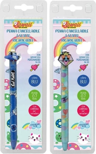 PENNA KAWAII CANCELLLABILE A SCATTO RICARICABILE CON SIMPATICO PERSONAGGIO IN 3D IN COLORAZIONE ASSORTITA OKX