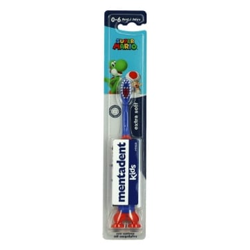 SPAZZOLINO MENTADENT KIDS SUPER MARIO EXTRA SOFT CON VENTOSA ALLA BASE PER BAMBINI DAI 0-6 ANNI OKX