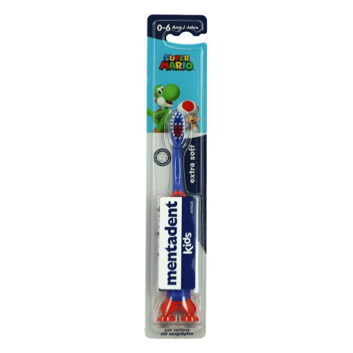 SPAZZOLINO MENTADENT KIDS SUPER MARIO EXTRA SOFT CON VENTOSA ALLA BASE PER BAMBINI DAI 0-6 ANNI OKX
