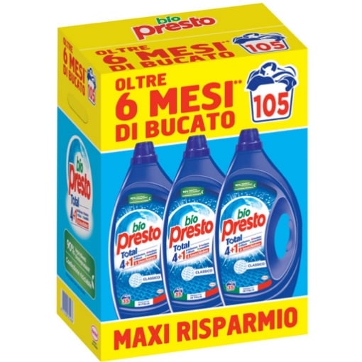 BIOPRESTO DETERSIVO CLASSICO TOTAL 4+1 MAXI RISPARMIO PRODOTTO IN ITALIA 105 LAVAGGI 3PZ 3X1.575 ML OKX