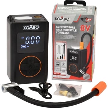 COMPRESSORE ARIA PORTATILE CORDLESS 8V  IN ABS E METALLO BATTERIA 14,8 WH 2000 MAH TEMPO DI GONFIAGGIO: 6,5 MINUTI OKP