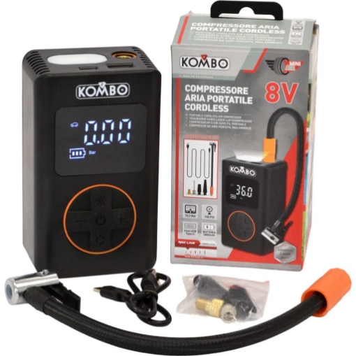 COMPRESSORE ARIA PORTATILE CORDLESS 8V  IN ABS E METALLO BATTERIA 14,8 WH 2000 MAH TEMPO DI GONFIAGGIO: 6,5 MINUTI OKP