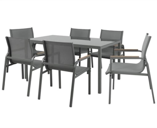 MA MAISON SET TAVOLO IN VETRO CON 6 SEDIE IN ACCIAIO - POLYWOOD GRIGIO MISURE 150X90X75,5 CM OKX