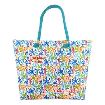 BORSA MARE CON MANICI IN CORDA 55X40X13 CM COLORATA CON SCRITTA PLACE TO BE ITALIAN HOLIDAY CON STELLE MARINE- IN STOFFA