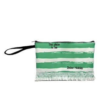 POUCHETTE BORSETTA MARE 28X18 CM COLORATA SCRITTA PLACE TO BE ITALIAN HOLIDAY CON FRANGE E RIGHE VERDI E BIANCHE- IN STOFFA