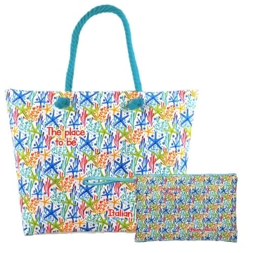 BORSA MARE CON MANICI IN CORDA 55X40X13 CM COLORATA CON STELLE MARINE E SCRITTA - IN STOFFA + POUCHETTE DA POLSO 28X18 CM 