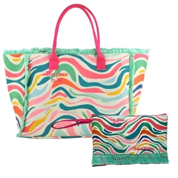 BORSA MARE CON MANICI IN CORDA 30X12X22 CM COLORATA CON SCRITTA - FRANGE E ONDE - IN STOFFA + POUCHETTE 28X18 CM DA POLSO