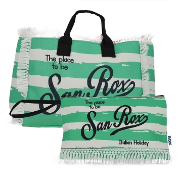 BORSA MARE IN POLICOTONE E POLIESTERE CON MANICO E FRANGE FANTASIA A RIGHE BIANCHE E VERDI 30X12X22 CM OKX