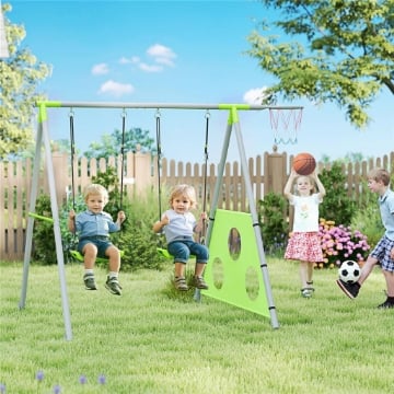 GIOCO PER BAMBINI 3 IN 1 CON ALTALENA DA GIARDINO CANESTRO E PORTA DA CALCIO 238X180X182 CM VERDE E GRIGIO
