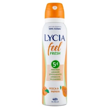 LYCIA FEEL FRESH DEODORANTE 5 IN 1 FRESCHEZZA SNTIODORE EFFETTO ASCIUTTO ANTIMACCHIA PELLE MORBIDA CON PESCA E PAPAYA 150 ML OKX