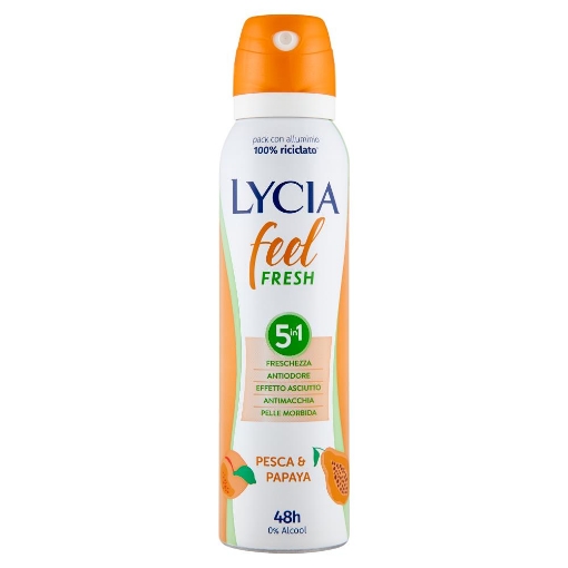 LYCIA FEEL FRESH DEODORANTE 5 IN 1 FRESCHEZZA SNTIODORE EFFETTO ASCIUTTO ANTIMACCHIA PELLE MORBIDA CON PESCA E PAPAYA 150 ML OKX