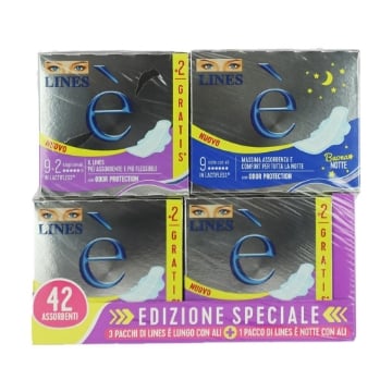 LINES ASSORBENTI 3 PZ FORMATO LUNGHI CON ALI + 1 PZ NOTTE CON ALI EDIZIONE SPECIALE 42 ASSORBENTI OKX