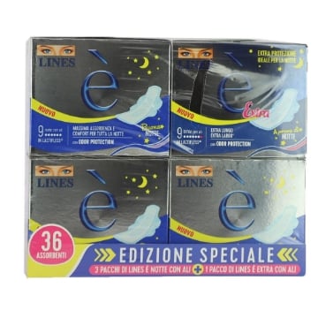 LINES ASSORBENTI 4 PZ PER NOTTE CON ALI + 1 PZ EXTRA CON ALI EDIZIONE SPECIALE 36 ASSORBENTI OKX