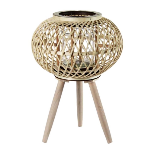 LANTERNA PORTA CANDELA TONDA STRUTTURA IN LEGNO INTRECCIO IN BAMBÙ E BICCHIERE IN VETRO COLORE NATURALE 17X61 CM OKX