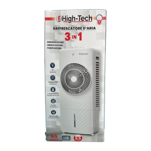 HIGH-TECH RAFFRESCATORE D'ARIA 3 VELOCITÀ PANNELLO DI CONTROLLO CON FILTRO E 2 CONTENITORI 65 WATT CAVO 1.6 MT OKX