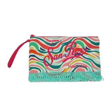 POUCHETTE MARE CON FRANGE E LACCETTO DA POLSO FANTASIA MULTICOLORE E SCRITTE  28X18 CM 