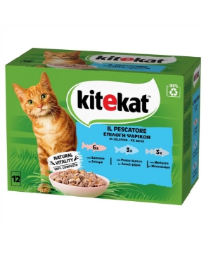 KITEKAT IL PESCATORE UMIDO PER GATTI NATURAL VITALITY 6X SALMONE 3X PESCE BIANCO 3X MERLUZZO 12 PZ 12X85 GR OKX
