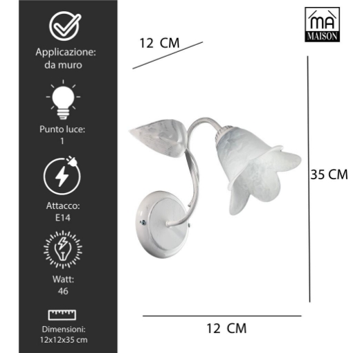 MILANO APPLIQUE DESIGN MODERNO IN METALLO COLORE BIANCO E ARGENTO E14 1 LUCE 46 WATT 12X12X35 CM