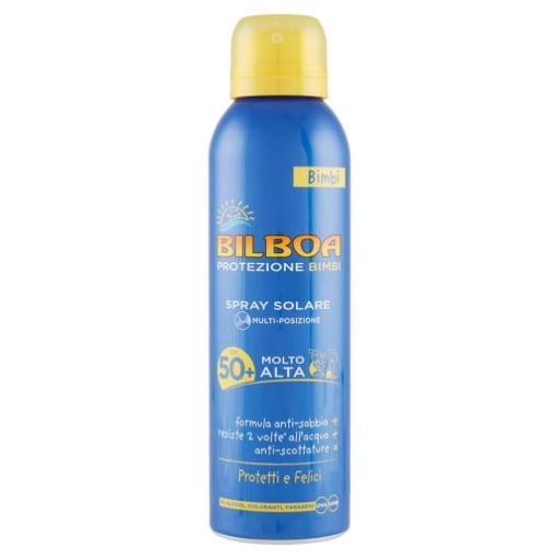 BILBOA PROTEZIONE SOLARE PRAY PER BAMBINI FORMULA ANTI-SABBIA ANTI-SCOTTATURA 0% ALCOOL 50+ MOLTO ALTA 150 ML OKX