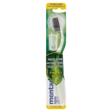 MENTADENT SPAZZOLINO PROTEZIONE ANTIBATTERICA DELLE SETOLE FINO A 3 MESI SETOLE MEDIE INFUSE CON IONI D'ARGENTO OKX