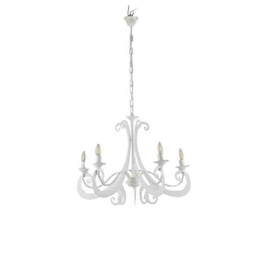 CAMILLA LAMPADARIO 5 LUCI IN METALLO FREGI IN FERRO A TAGLIO LASER COLORE BIANCO 46 WATT E14 