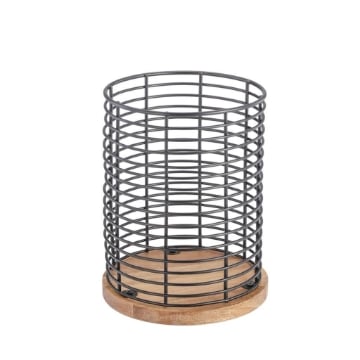 MA MAISON CRAFT PORTA UTENSILI NERO CON BASE IN LEGNO STILE MODERNO 14X17 H 