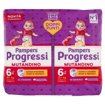 PAMPERS PROGRESSI MUTANDINO SISTEMA DI BARRIERE STOP & PROTECT CONFEZIONE RISPARMIO 15+15 PEZZI 6 KG XL OKX