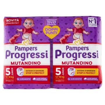 PAMPERS PROGRESSI MUTANDINO SISTEMA DI BARRIERA STOP & PROTECT CONFEZIONE RISPARMIO 34 PZ 12-18 KG 5 JUNIOR OKX