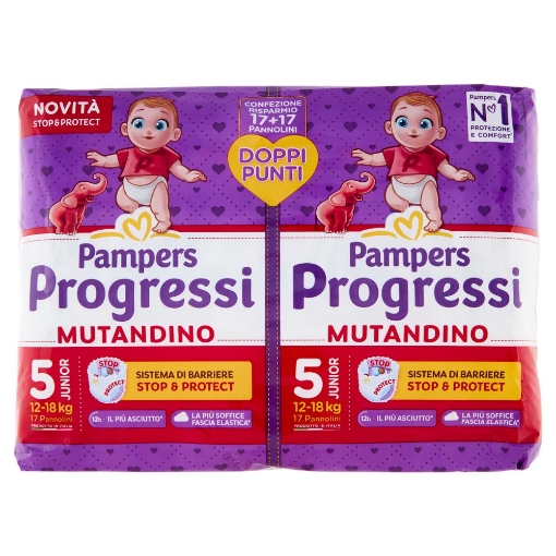 PAMPERS PROGRESSI MUTANDINO SISTEMA DI BARRIERA STOP & PROTECT CONFEZIONE RISPARMIO 34 PZ 12-18 KG 5 JUNIOR OKX